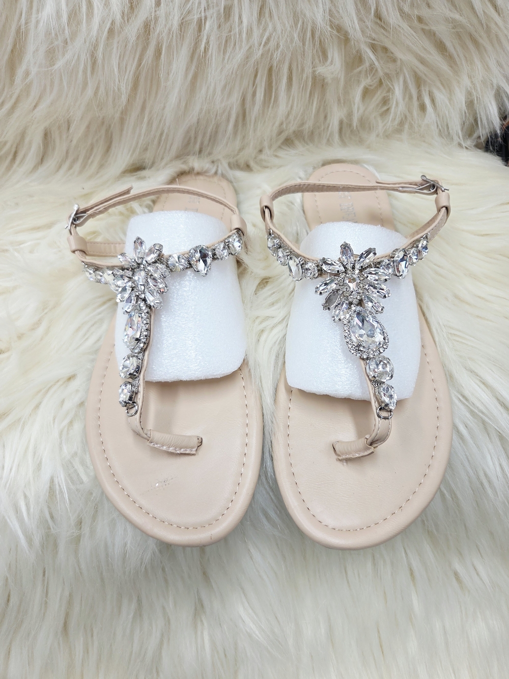 Dream Pairs Crystal Embellished Nude T‑Strap Sandals